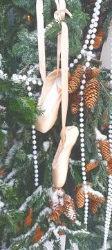Spruce branches with cones decorated with beads and pointe shoes Stock Photos