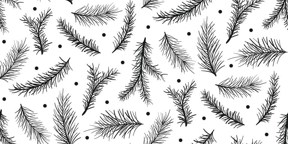 Spruce branches seamless pattern doodle sketch style Stock Illustration