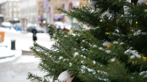 Spruce branches with snow on it and Christmas toys in the foreground and wint Stock Footage 139850036