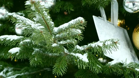 Spruce branches with snow on it and Christmas toys in New Year Stock Footage 139850081