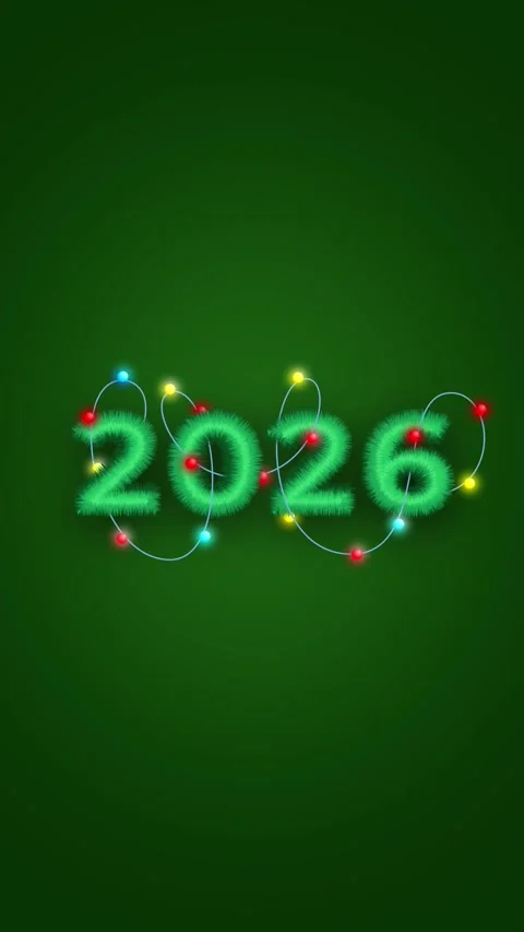 Spruce branches, tinsel in shape of text 2026, glowing Christmas garland Stock Footage 321854108