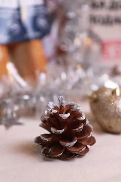 Spruce coniferous cone on the table festive atmosphere blurred background Stock Photos