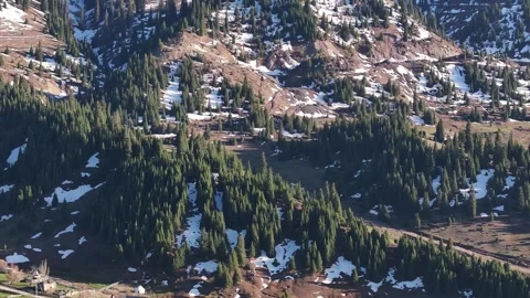 Spruce forest on Terskey Ala-Too mountain range in Kyrgyzstan, aerial natural Видео 336527594