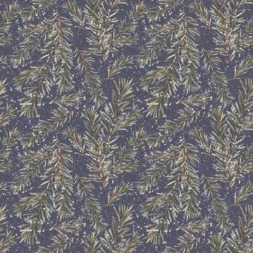 Spruce or fir tree branches. Seamless pattern on watercolor stains background Illustrazione stock