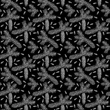 Spruce seamless pattern isolated on black. Picea branch, cone, seed. Stock Illustration