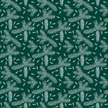 Spruce seamless pattern isolated on green. Picea branch, cone, seed. Illustrazione stock