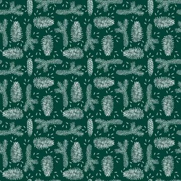 Spruce seamless pattern isolated on green. Picea branch, cone, seed. Stock Illustration