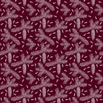 Spruce seamless pattern isolated on red. Picea branch, cone, seed. Stock Illustration