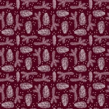 Spruce seamless pattern isolated on red. Picea branch, cone, seed. Stock Illustration