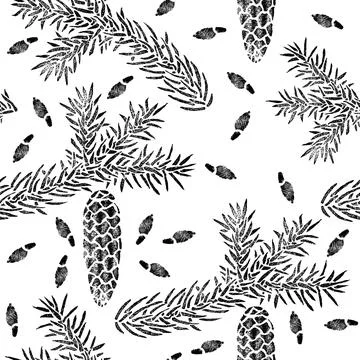 Spruce seamless pattern isolated on white. Picea branch, cone, seed. Stock Illustration