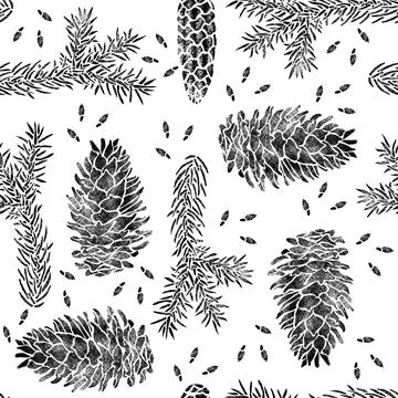 Spruce seamless pattern isolated on white. Picea branch, cone, seed. Stock Illustration