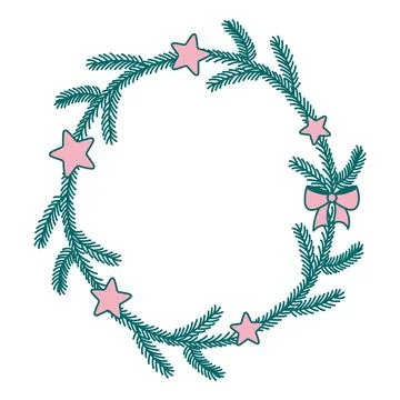 Spruce tree branches circular frame, wreath, border Stock Illustration