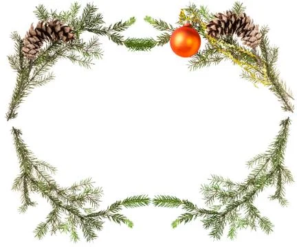 Spruce tree branches with cones and orange ball Foto stock