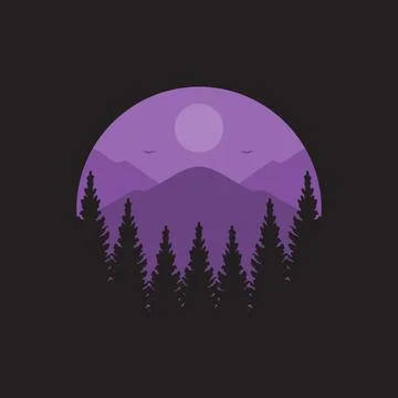 Spruce trees night logo design vector Illustration