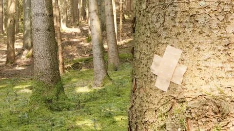 A spruce trunk with adhesive plaster Stock Photos