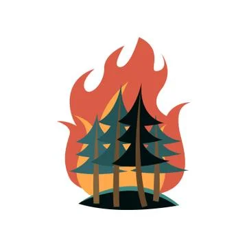 Spruces in forest on fire isolated on white background Stock Illustration