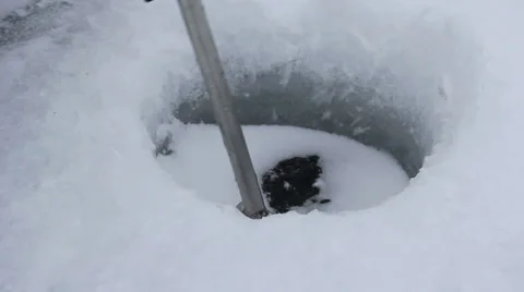 Spudding an ice fishing hole Stock Footage 33807485