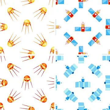 Sputnik and satellite seamless pattern rotating in space on white background Stock Illustration