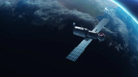 Sputnik or Space Module orbiting planet Earth. the concept of Technology and  Stock Footage 240534995