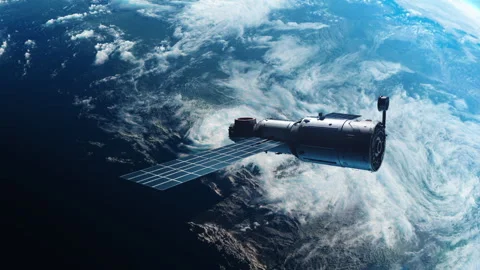 Sputnik or Spaceship in orbit around planet Earth. the concept of Technology  Stock Footage 240535021