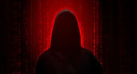 Spy agent, hacker. Mysterious man on dark red background Stock Illustration