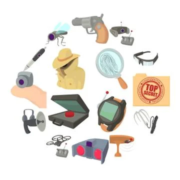 Spy and security icons set, cartoon style Stock Illustration