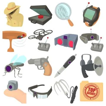 Spy and security icons set, cartoon style Stock Illustration