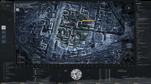 Spy Digital Satellite Tracking System Scans Target Position Data On A City Map Stock Footage 252745155