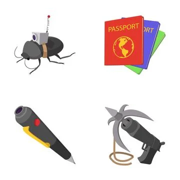 Spy gadgets set demonstrating secret agent equipment Stock Illustration