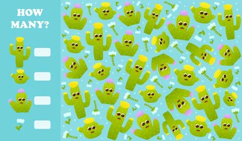 Spy game for kids with cute cactuses in cartoon style, educational counting r Stock Illustration