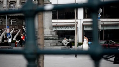 Spy games in Budapest on the bridge Iconic Chain Bridge Of Budapest Stock Footage 106424874