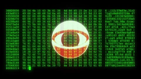 Spy hacker wathing eye with encrypted programming security hacking code data 库存插图