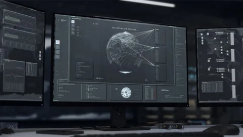Spy mission computer system detecting the target sim card signal location 스톡 동영상 303560350