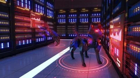 Spy robots stealing sensitive data, hacking security systems, 3D rendering. Illustrazione stock