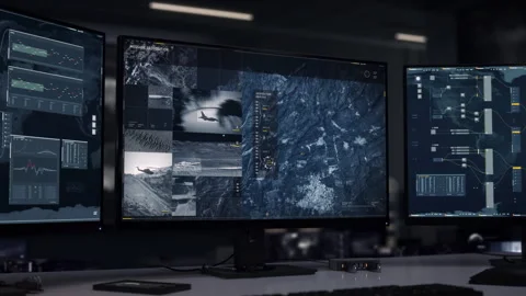 Spy satellite network identifying the position of the enemy military airbase Stock Footage 255308662