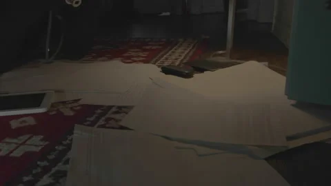 The spy takes pics lying on the carpet. The camera uses a flash, Dim light. Stock Footage 230670179