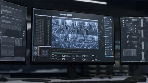 Spy tech software examining the facial features to identify wanted killers Stock Footage 218610312