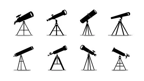Spyglass on Tripod Black Solid Silhouette Icons for Observation Illustrazione stock