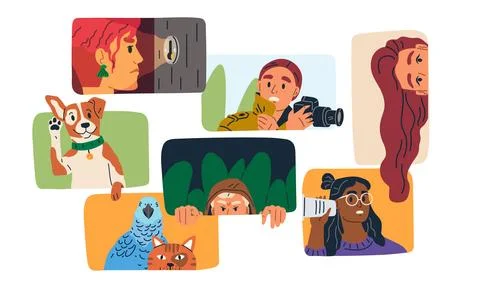 Spying, observing and sneaking. Characters peeping, sign of curiosity or concern Illustrazione stock