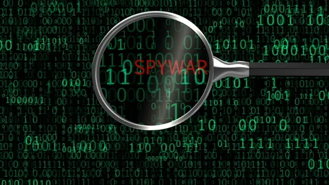 Spyware adware under digital magnifying glass, anti-virus finds malicious app Stock Footage 115179931
