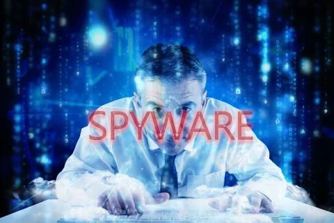 Spyware against lines of blue blurred letters falling Stock Illustration