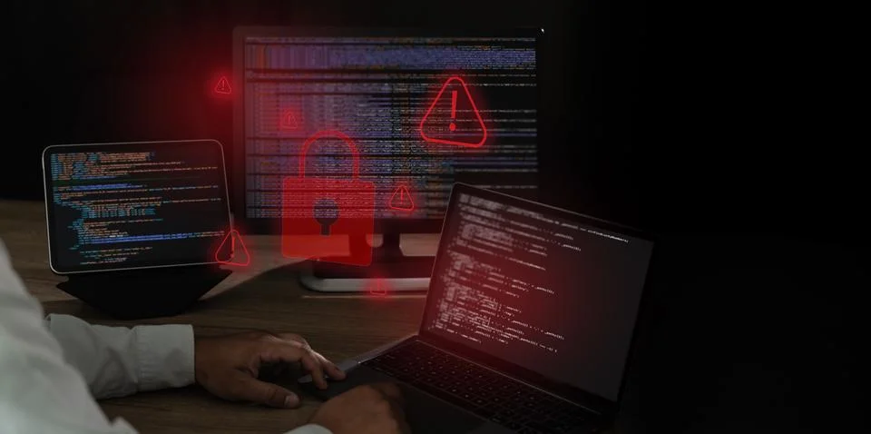 Spyware and cyber attack warning concept alert icons over code on laptop , .. Stock Photos