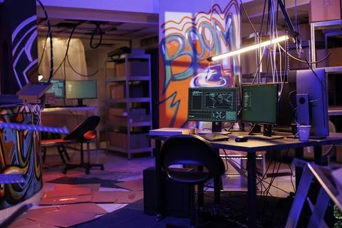 Spyware on computer in dark warehouse Stock Photos