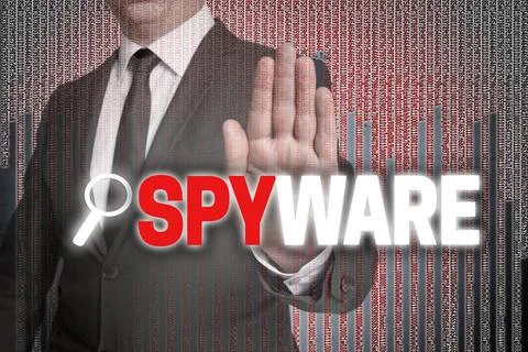 Spyware mit Matrix wird von Geschäftsmann gezeigt Spyware mit Matrix wird .. Stock Photos