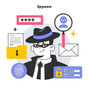 Spyware or adware. Dangerous malware monitoring traffic and stealing Stock Illustration
