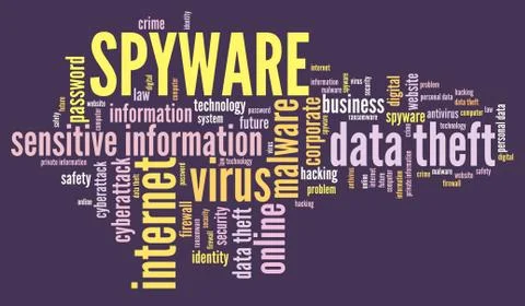 Spyware virus - compromised computer security concept. Word cloud. Illustrazione stock