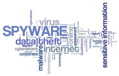 Spyware virus - compromised computer security concept. Word cloud. Stock Illustration