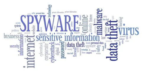 Spyware virus - computer security breach concept. Word cloud. Ilustración de archivo