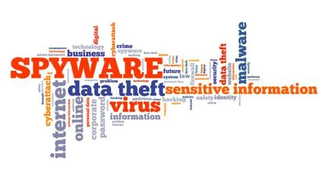 Spyware virus text graphics - compromised computer security concept. Word clo Illustrazione stock