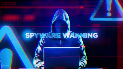 Spyware Warning Word on Hacker concept technology futuristic data background Stock Footage 343383319